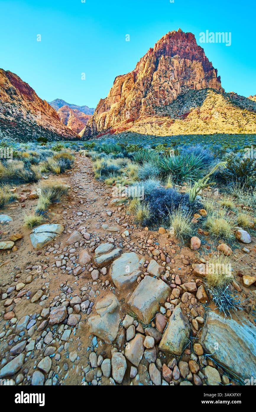 Red Rock Canyon Desert Trail mit hoch aufragendem Berg in sonnendurchfluteter Aussicht Stockfoto