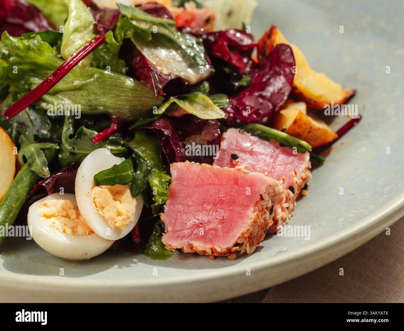 Thunfischsalat nach asiatischer Art mit Salat, Eiern, Kirschtomaten, Kartoffeln und Thunfischstücken in Sesamsamen. Gesunder Thunfischsalat. Nahaufnahme. Stockfoto