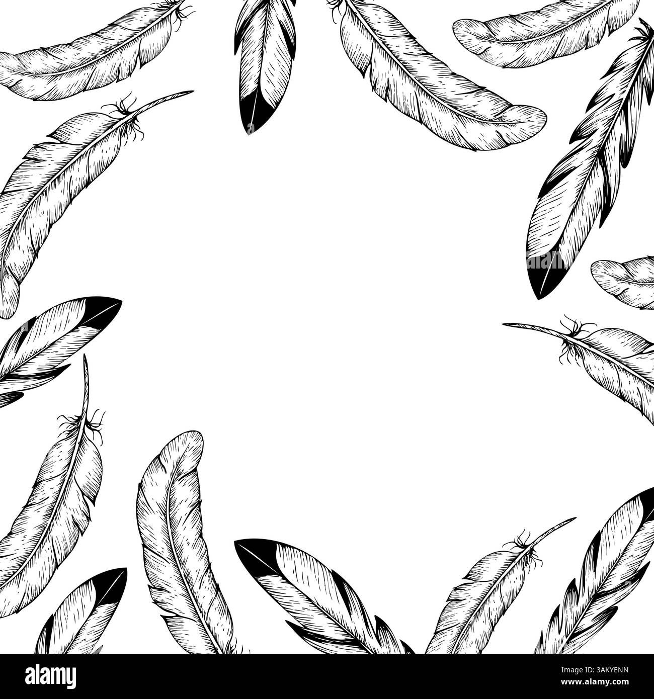 Vektorrahmen für Vogelfedern. Handgemalte Linearstift-Illustration. Grafische Schwarzweißvorlage, Skizze isoliert auf Hintergrund. Für Konstrukteure Stock Vektor