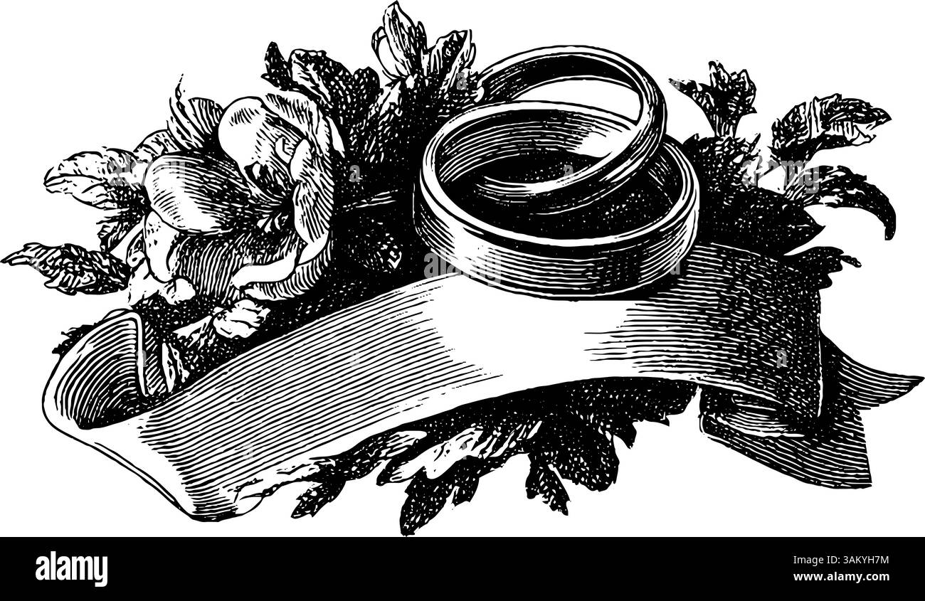Gravierte Illustration von Eheringen mit Blumenmotiv für romantisches Design und Feier. Stock Vektor