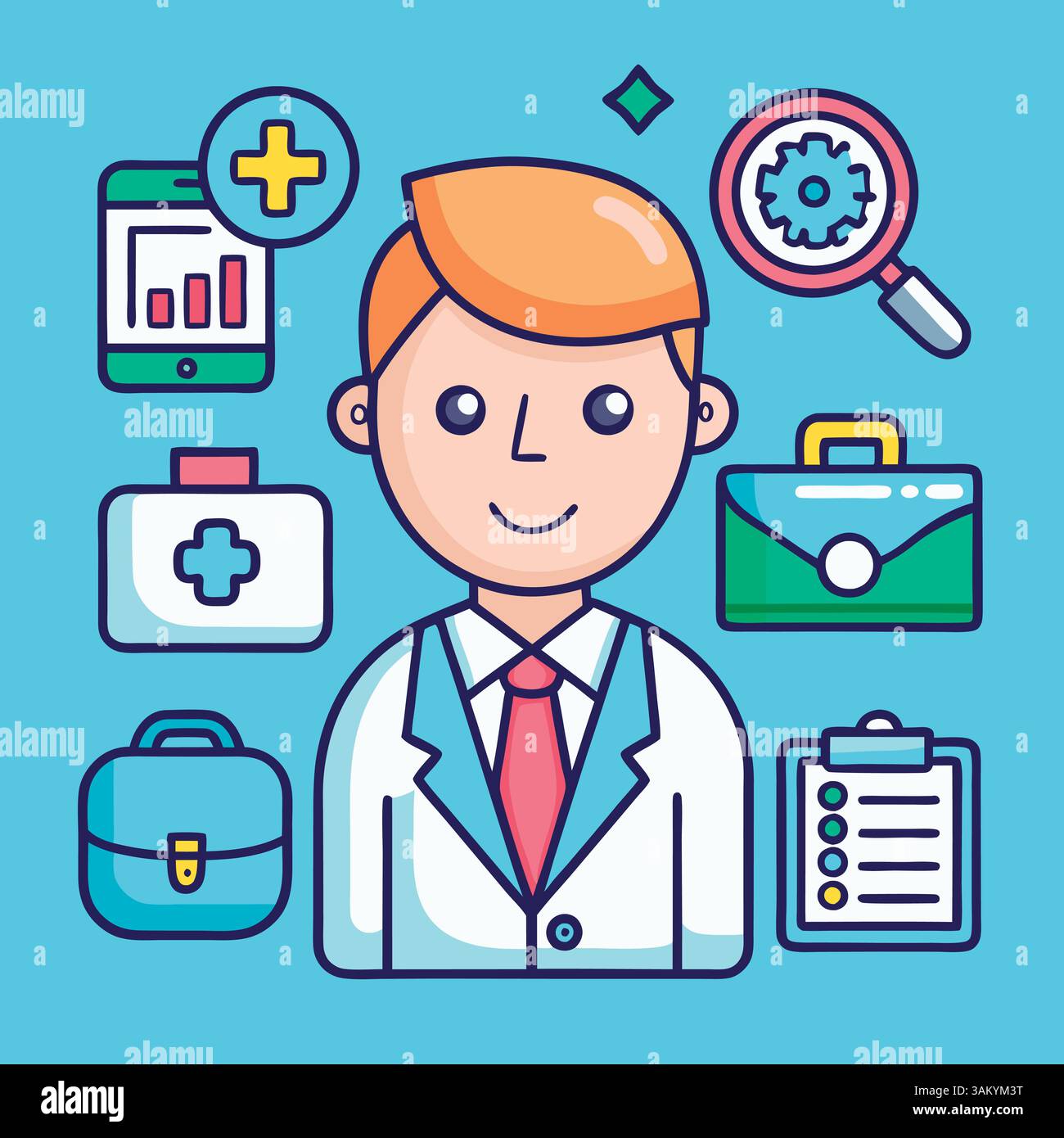 Vektor im Cartoon-Stil eines fröhlichen männlichen Arztes in einem weißen Mantel und einer roten Krawatte, umgeben von medizinischen Ikonen wie einem Klemmbrett, medizinischem Kit und Healthca Stock Vektor