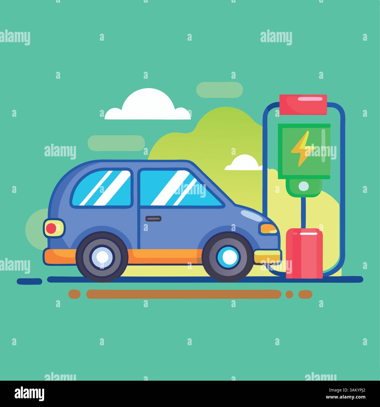Illustration Des Autokartoons Vektor-Symbols. Elektroauto-Ladesymbol Konzept isolierter Premium-Vektor. Flacher Cartoon-Stil. Stock Vektor