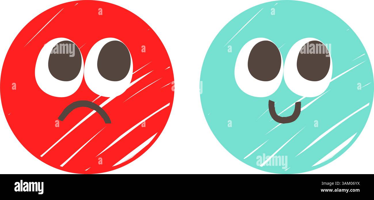 Satz grüner und roter Emoticons, die auf einer Vektorillustration mit weißem Hintergrund isoliert sind. Emoji-Sammlung glücklicher und trauriger Gesichtsausdrücke Stock Vektor