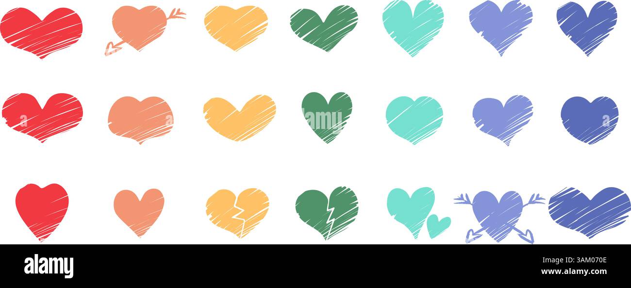 Kollektion lebendiger Regenbogenfarben Herzformen Liebe, Vielfalt und Inklusion. Designelemente für LGBTQ+-Themen, Stolz-Events und Emotiona Stock Vektor