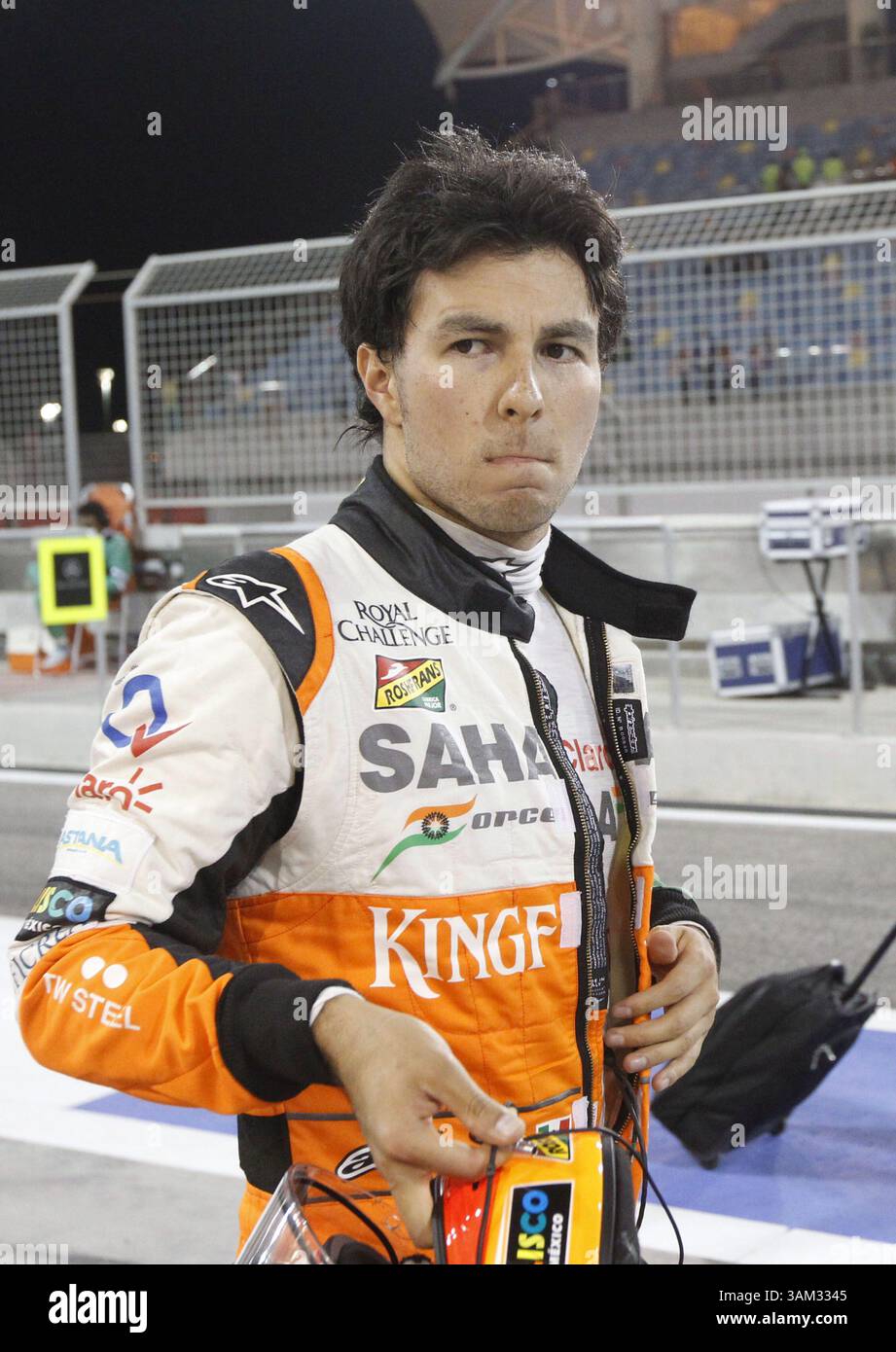 April 2014 - Manama, BAHRAIN, BAHRAIN - Sergio PÃ Mendoza, (PEREZ), MEX, Team Sahara Force India F1, Force Ind. VJM07, Mercedes-Benz PU106A,.BAHRAIN – Rennstrecke MANAMA, Shakir – 06/04/2014 – Formel 1, F1, Formel 1 – Bild zur Gebührenpflicht (Credit Image: © David McIntyre/ZUMAPRESS.com) Stockfoto