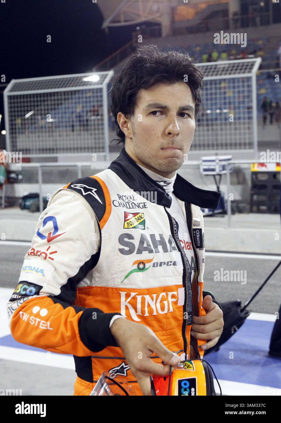 April 2014 - Manama, BAHRAIN, BAHRAIN - Sergio PÃ Mendoza, (PEREZ), MEX, Team Sahara Force India F1, Force Ind. VJM07, Mercedes-Benz PU106A,.BAHRAIN – Rennstrecke MANAMA, Shakir – 04/04/2014 – Formel 1, F1, Formel 1 – Bild zur Gebührenpflicht (Credit Image: © David McIntyre/ZUMAPRESS.com) Stockfoto