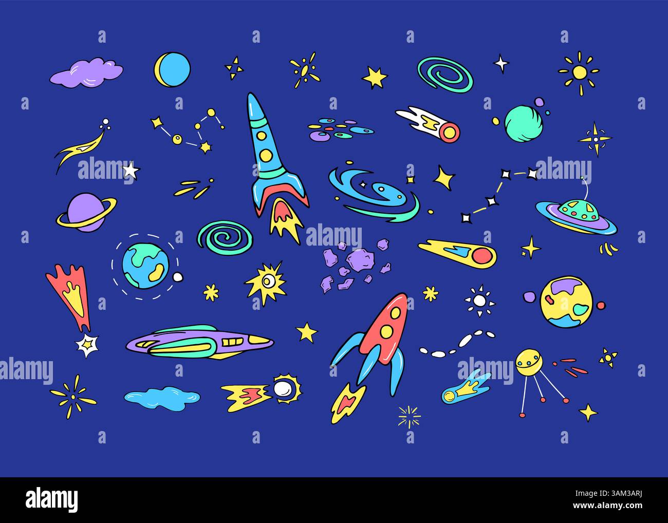 Raumfahrt, lustige farbige Kritzeleien Stock Vektor