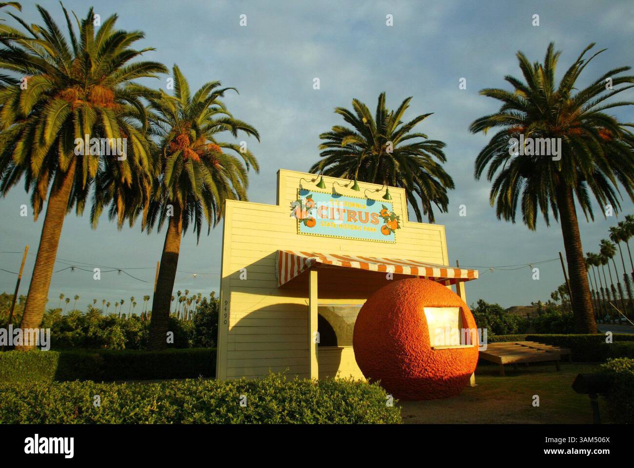 30. Jan. 2004 - USA - KEINE MAGIE, KEINE VERKÄUFE - KRT-REISEGESCHICHTE SCHLEPPEND: UST-ORANGE KRT-FOTO VON MARK AVERY/ORANGE COUNTY REGISTER (L.A. TIMES OUT) Riverside's California Citrus State Historic Park erinnert an die Blütezeit von Zitrus. Dieser Obststand befindet sich in der Nähe des Eingangs zum Park. (nk) 2004 (Kreditbild: © Mark Avery/mct/ZUMAPRESS.com) Stockfoto