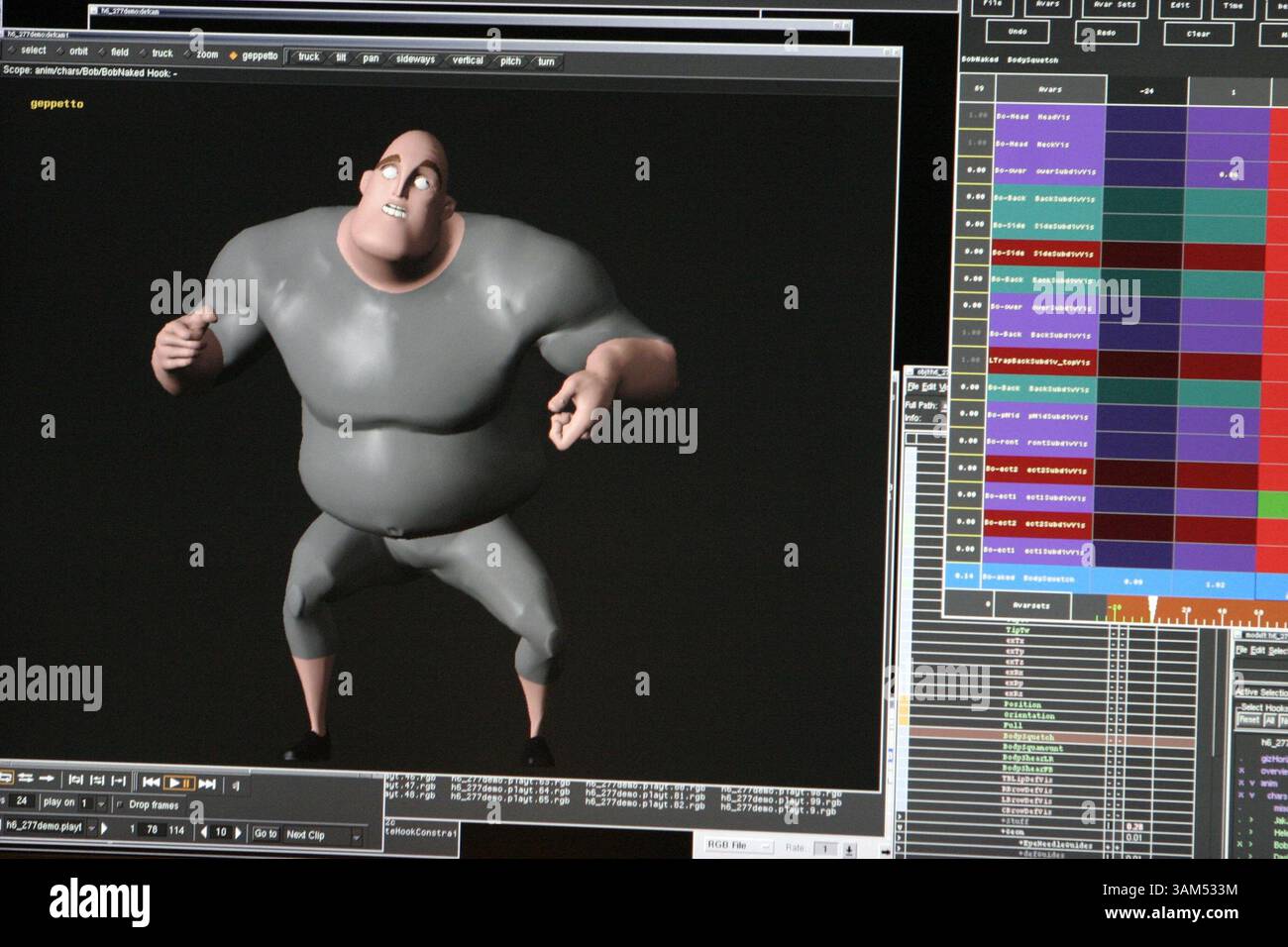 21. Oktober 2004 - USA - KRT BUSINESS STORY SLUGGED: CPT-PIXAR KRT FOTO VON RICHARD KOCI HERNANDEZ/SAN JOSE MERCURY NEWS (9. November) der Computerbildschirm von Pixar-Mitarbeiter William Sheffler zeigt einige der Technologien hinter Pixars neuem Animationsfilm „die Unglaublichen“. (nk) 2004 (Bild: © Richard Koci Hernandez/mct/ZUMAPRESS.com) Stockfoto