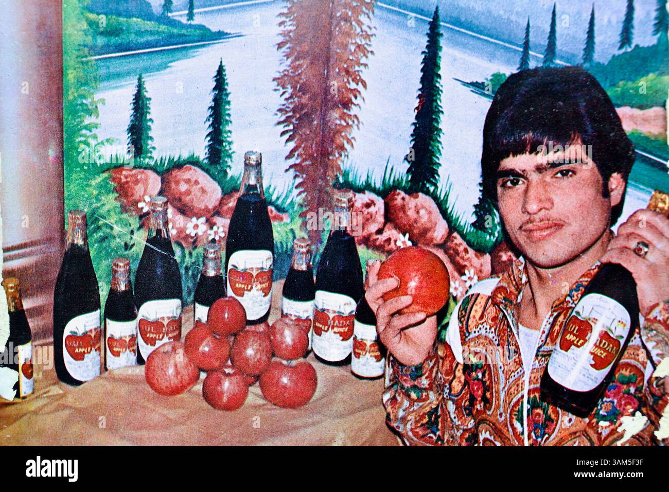 Vintage-Poster mit der Werbung für Gul Badan Apfelsaft aus Srinagar, Kaschmir, auf einer verwitterten Straßenmauer in Leh, Ladakh. Stockfoto