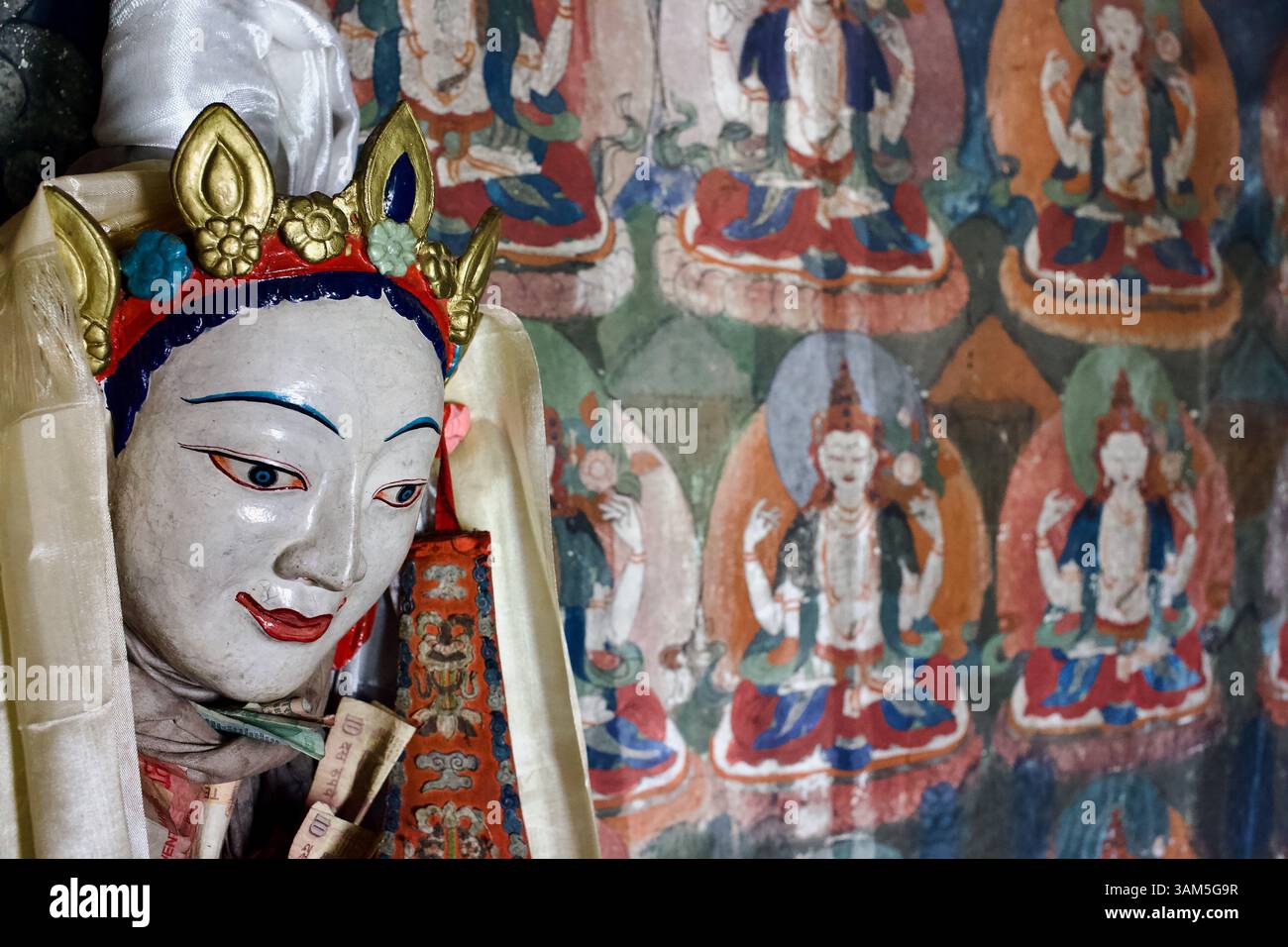 Andachtsstatue mit Khatas und Geldspenden im Shey-Kloster in Shey, Ladakh, Indien. Stockfoto