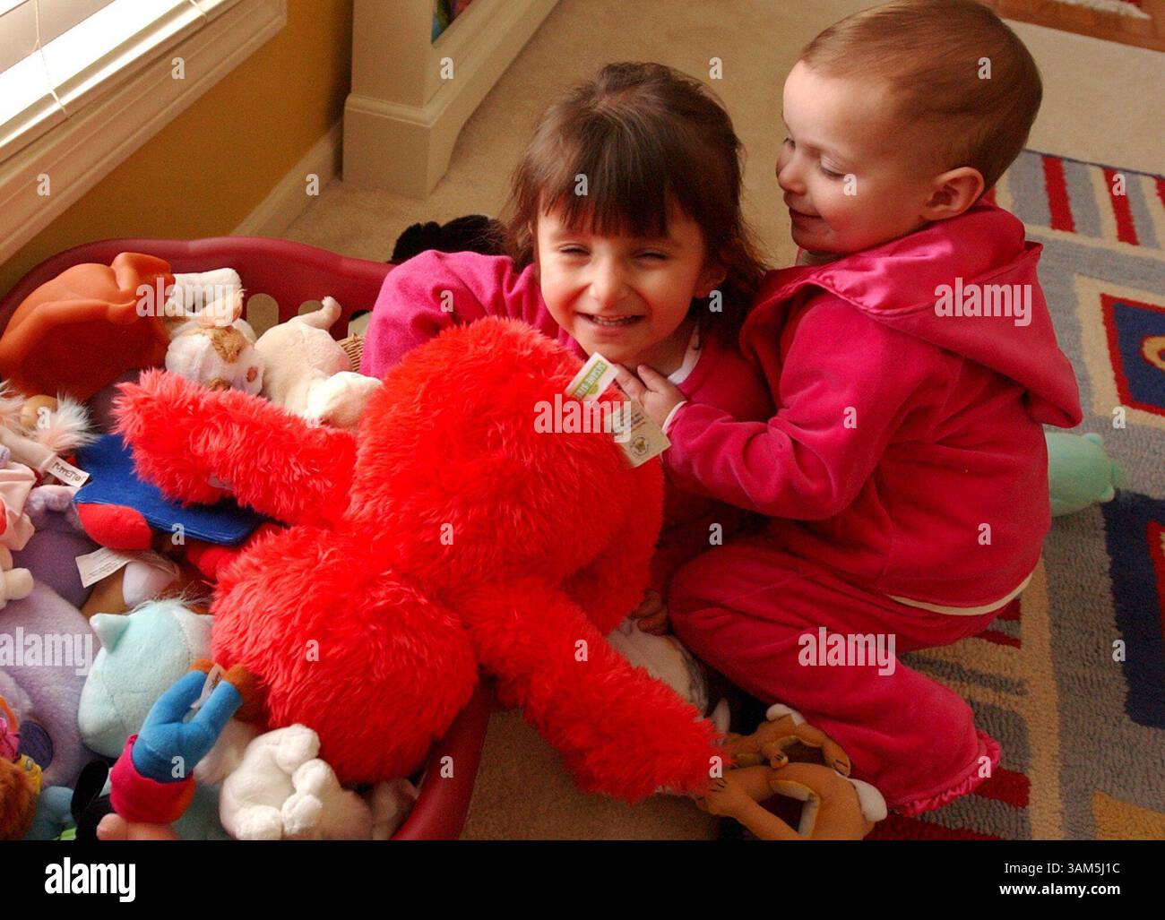 8. März 2005 - USA - KRT US NEWS STORY SLUGGED: MED-BRITTLEBONES KRT FOTOGRAFIE VON KAREN SCHIELY/AKRON BEACON JOURNAL (17. März) Harper Wisniewski, 17 Monate, rechts, spielt mit ihrer Schwester Addie, 4, in ihrer Medina, Ohio, am Dienstag, den 8. März 2005. Addie leidet an einer brüchigen Knochenerkrankung. (Mvw) 2005 (Vielfalt) (Bild: © Karen Schiely/mct/ZUMAPRESS.com) Stockfoto