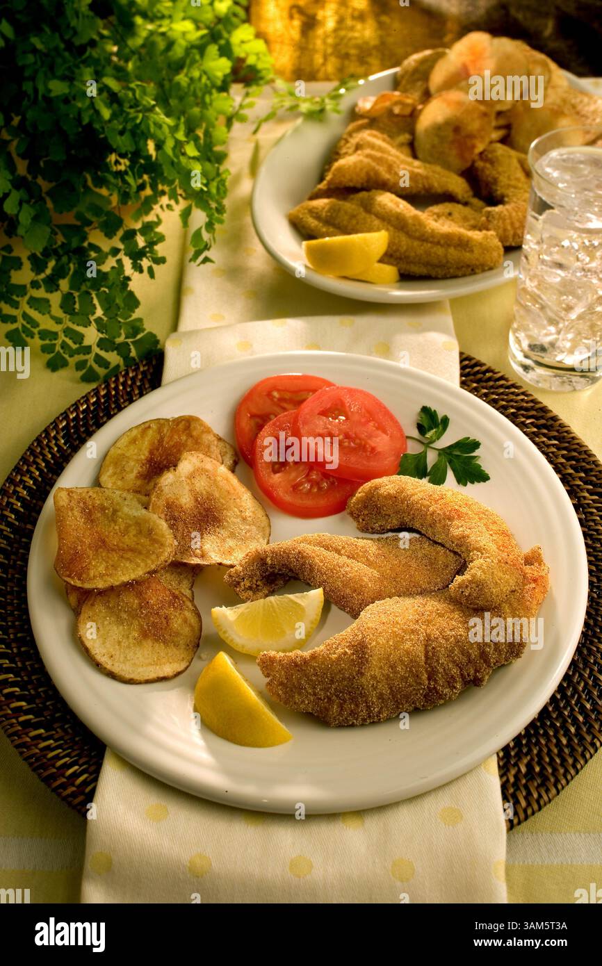 21. April 2005 – USA – KRT FOOD STORY SLUGGED: FOOD-SOULFOOD KRT FOTO VON BOB FILA/CHICAGO TRIBUNE (23. Mai) Wels und Kartoffeln, garniert mit Zitronen und Tomatenscheiben. (Mvw) 2005 (Vielfalt) (Bild: © Bob Fila/mct/ZUMAPRESS.com) Stockfoto