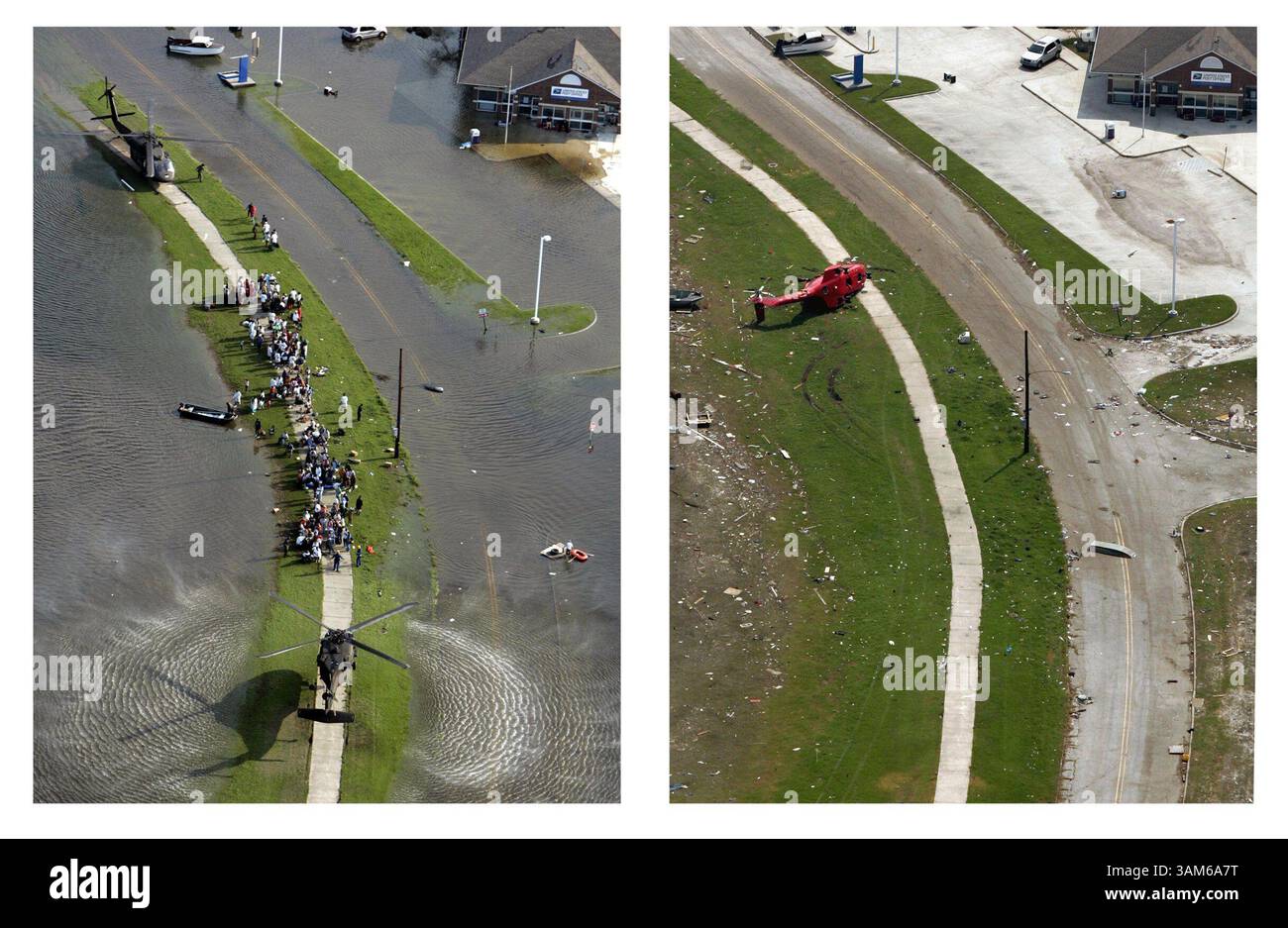 10. September 2005 - USA - KEINE MAGIE, KEINE VERKÄUFE -- KRT US NEWS STORY SCHLEPPTE: WEA-KATRINA KRT FOTO VON SMILEY N. POOL/DALLAS MORNING NEWS (11. September) diese beiden Fotos zeigen die Veränderungen in New Orleans in den zwei Wochen seit Hurrikan Katrina. Links warten die Bewohner darauf, am Mittwoch, den 31. August 2005, von einem Deich westlich der Innenstadt mit einem Hubschrauber aus dem Hochwasser evakuiert zu werden. Rechts sind die Überschwemmungen zurückgegangen, aber ein abgestürzter ziviler Hubschrauber sitzt am Samstag, dem 10. September 2005, an derselben Stelle. (Mvw) 2005 (Kreditbild: © Smiley N. Pool/mct/ZUMAPRESS.com) Stockfoto