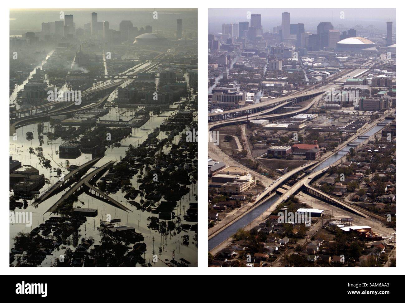 10. September 2005 - USA - KEINE MAGIE, KEINE VERKÄUFE -- KRT US NEWS STORY SCHLEPPTE: WEA-KATRINA KRT FOTO VON SMILEY N. POOL/DALLAS MORNING NEWS (11. September) diese beiden Fotos zeigen die Veränderungen in New Orleans in den zwei Wochen seit Hurrikan Katrina. Auf der linken Seite sieht man am Dienstag Morgen, dem 30. August 2005, von Westen in Richtung Downtown New Orleans. Auf der rechten Seite, die Szene, in der das Hochwasser am Sonntag, den 11. September 2005, zurückgeht. (Mvw) 2005 (Kreditbild: © Smiley N. Pool/mct/ZUMAPRESS.com) Stockfoto