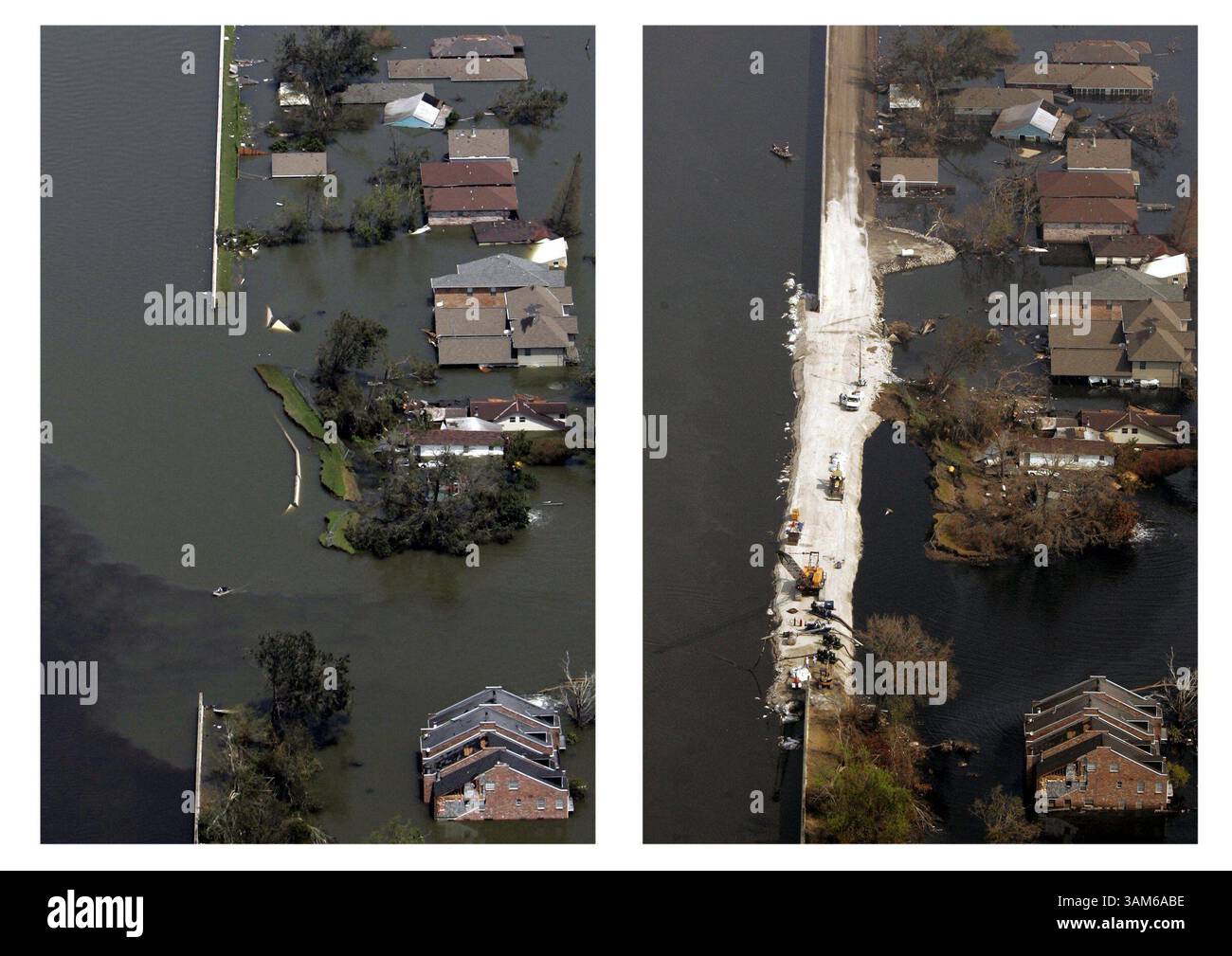 10. September 2005 - USA - KEINE MAGIE, KEINE VERKÄUFE -- KRT US NEWS STORY SCHLEPPTE: WEA-KATRINA KRT FOTO VON SMILEY N. POOL/DALLAS MORNING NEWS (11. September) diese beiden Fotos zeigen die Veränderungen in New Orleans in den zwei Wochen seit Hurrikan Katrina. Links, eine Pause im Deich des Kanals der 17. Straße am Dienstagmorgen, 30. August 2005. Rechts sehen wir die Reparaturen am Samstag, dem 10. September 2005. (Mvw) 2005 (Kreditbild: © Smiley N. Pool/mct/ZUMAPRESS.com) Stockfoto