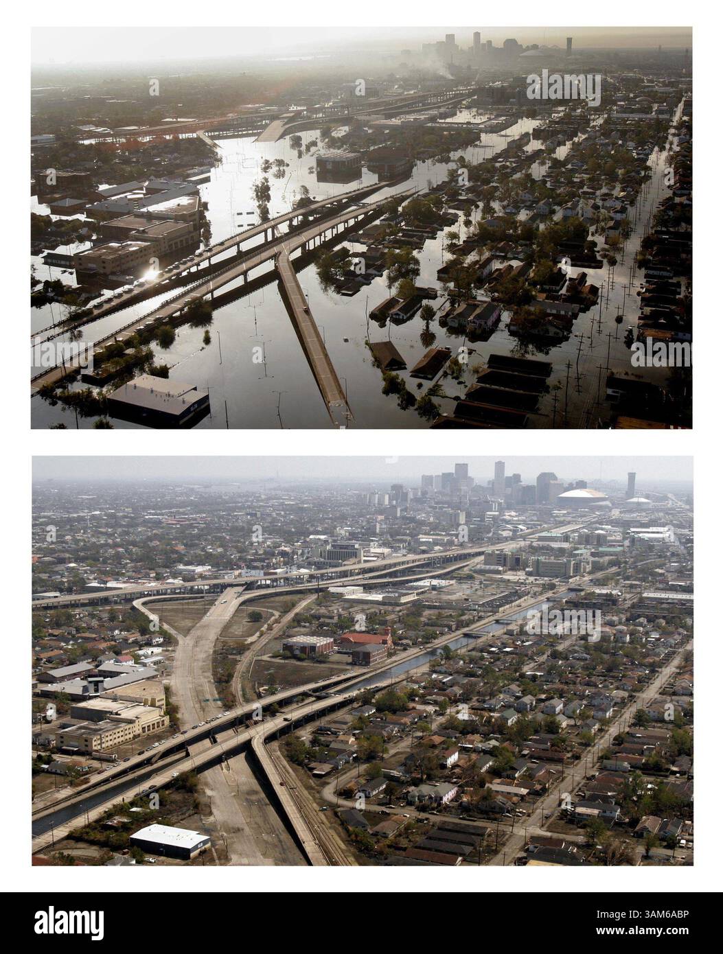 10. September 2005 - USA - KEINE MAGIE, KEINE VERKÄUFE -- KRT US NEWS STORY SCHLEPPTE: WEA-KATRINA KRT FOTO VON SMILEY N. POOL/DALLAS MORNING NEWS (11. September) diese beiden Fotos zeigen die Veränderungen in New Orleans in den zwei Wochen seit Hurrikan Katrina. Von oben hat man am Dienstag Morgen, dem 30. August 2005, einen Blick von Westen in Richtung Downtown New Orleans. Auf der rechten Seite, die Szene, in der das Hochwasser am Sonntag, den 11. September 2005, zurückgeht. (Mvw) 2005 (Kreditbild: © Smiley N. Pool/mct/ZUMAPRESS.com) Stockfoto