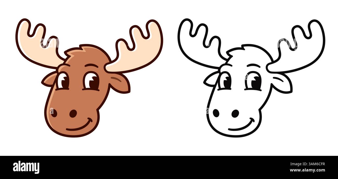 Niedliche Zeichentrickfigurenkopf, Farbe und schwarz-weiße Strichgrafik. Vektor-Clipart-Illustration Stock Vektor