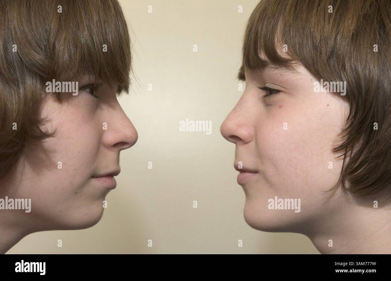 20. Januar 2006 – USA – die zwölf Jahre alten Zwillinge Adam, Left und Evan Bogart posieren am 20. Januar 2006 in ihrer Schule in Naperville, Illinois. Die Zwillingsgeburtenrate ist aufgrund von Fruchtbarkeitsbehandlungen und einer Zunahme der Zahl älterer Mütter rasch gestiegen, wobei fast 1 von 30 amerikanischen Babys mittlerweile als Teil eines Paares geboren wird. (John Dziekan/Chicago Tribune/KRT) (Bild: © John Dziekan/mct/ZUMAPRESS.com) Stockfoto