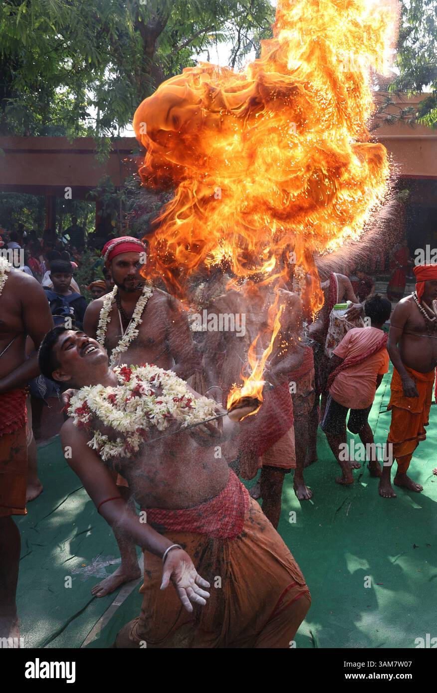 Gajan-Festivalrituale in Westbengalen, Indien Ein Gläubiger schleudert Feuer in der Nähe eines Tempels als Teil eines Rituals, das den Abschluss einer religiösen Prozession für das Gajan-Festival am 13. April 2025 im Bezirk Parganas, Westbengalen, Indien markiert. Hunderte hingebungsvoller Gläubiger kommen zusammen, um intensive Hingabe zu verüben und den Segen des hinduistischen Gottes Shiva zu suchen. Das Gajan-Festival, das mit leidenschaftlichen Ritualen und symbolischen Bußtaten gefeiert wird, markiert das Ende des bengalischen Kalenderjahres und soll den Wünschen der Teilnehmer entsprechen. Kalkutta Indien Copyright: XMatrixxImagesx/ Stockfoto Gajan-Festivalrituale in Westbengalen, Indien Ein Gläubiger schleudert Feuer in der Nähe eines Tempels als Teil eines Rituals, das den Abschluss einer religiösen Prozession für das Gajan-Festival am 13. April 2025 im Bezirk Parganas, Westbengalen, Indien markiert. Hunderte hingebungsvoller Gläubiger kommen zusammen, um intensive Hingabe zu verüben und den Segen des hinduistischen Gottes Shiva zu suchen. Das Gajan-Festival, das mit leidenschaftlichen Ritualen und symbolischen Bußtaten gefeiert wird, markiert das Ende des bengalischen Kalenderjahres und soll den Wünschen der Teilnehmer entsprechen. Kalkutta Indien Copyright: XMatrixxImagesx/ Stockfoto