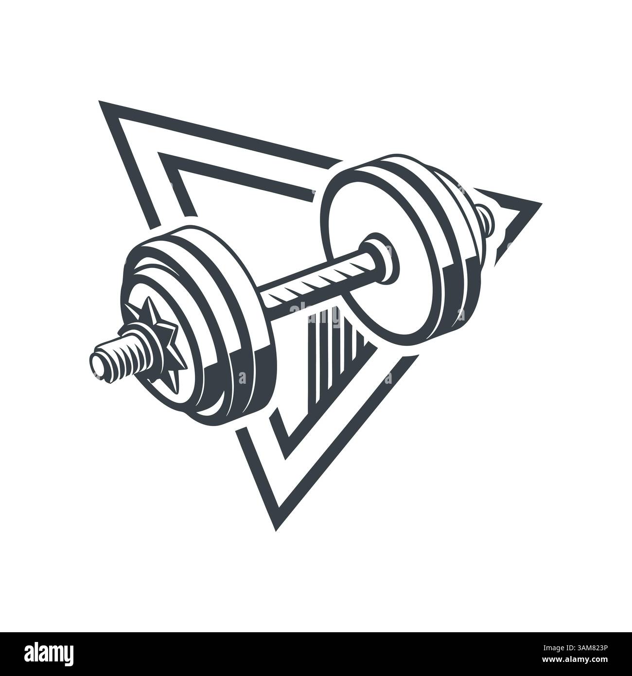 Eine auffällige Vektor-Logo-Illustration mit einer Kurzhantel über einer dreieckigen geometrischen Form, die das Fitnesskonzept, die Stärke und die Entschlossenheit unterstreicht. Stock Vektor