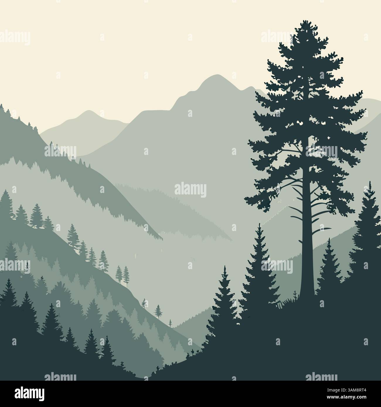 Landschaft Hintergrund Vektor-Illustration des Berges mit bewaldeten Hügeln, und Kiefer Vektor-Silhouette, Berge im Freien Landschaft. Stock Vektor