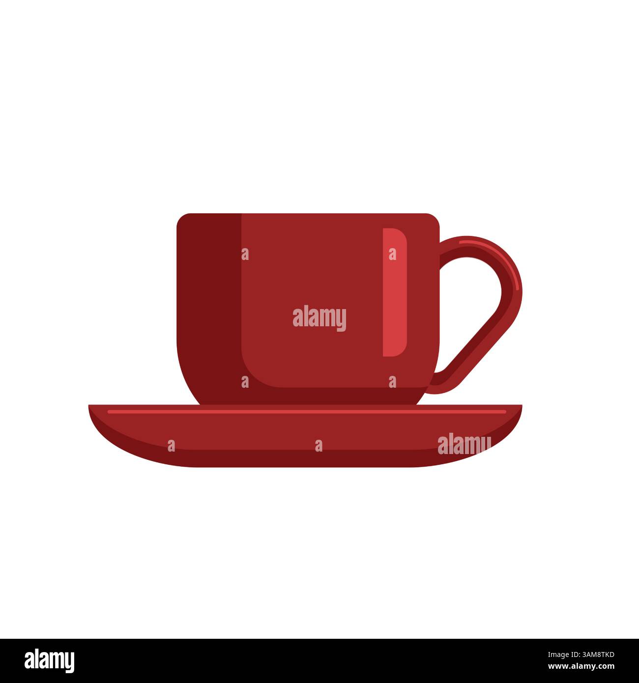 Rote Tasse Kaffee oder Tee in der Mitte einer roten Untertasse. Vektorabbildung. Flacher STYLE. Geeignet für Café-Design, Poster, Banner, Karten, k Stock Vektor