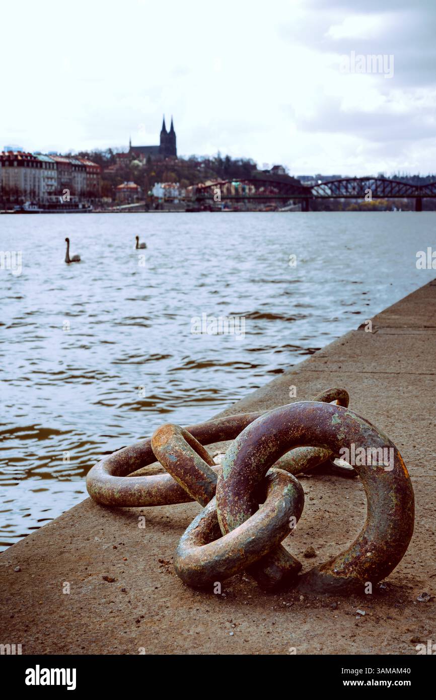 Rusty Mooring Ringe am Ufer mit Schwänen und historischem Stadtbild in der Ferne Stockfoto
