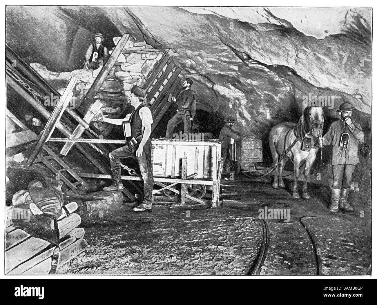 Bergbau. Transport in einer leicht geneigten Welle (Bremsneigung), Galerie Transport mit Pferden. Freiberg. Stockfoto