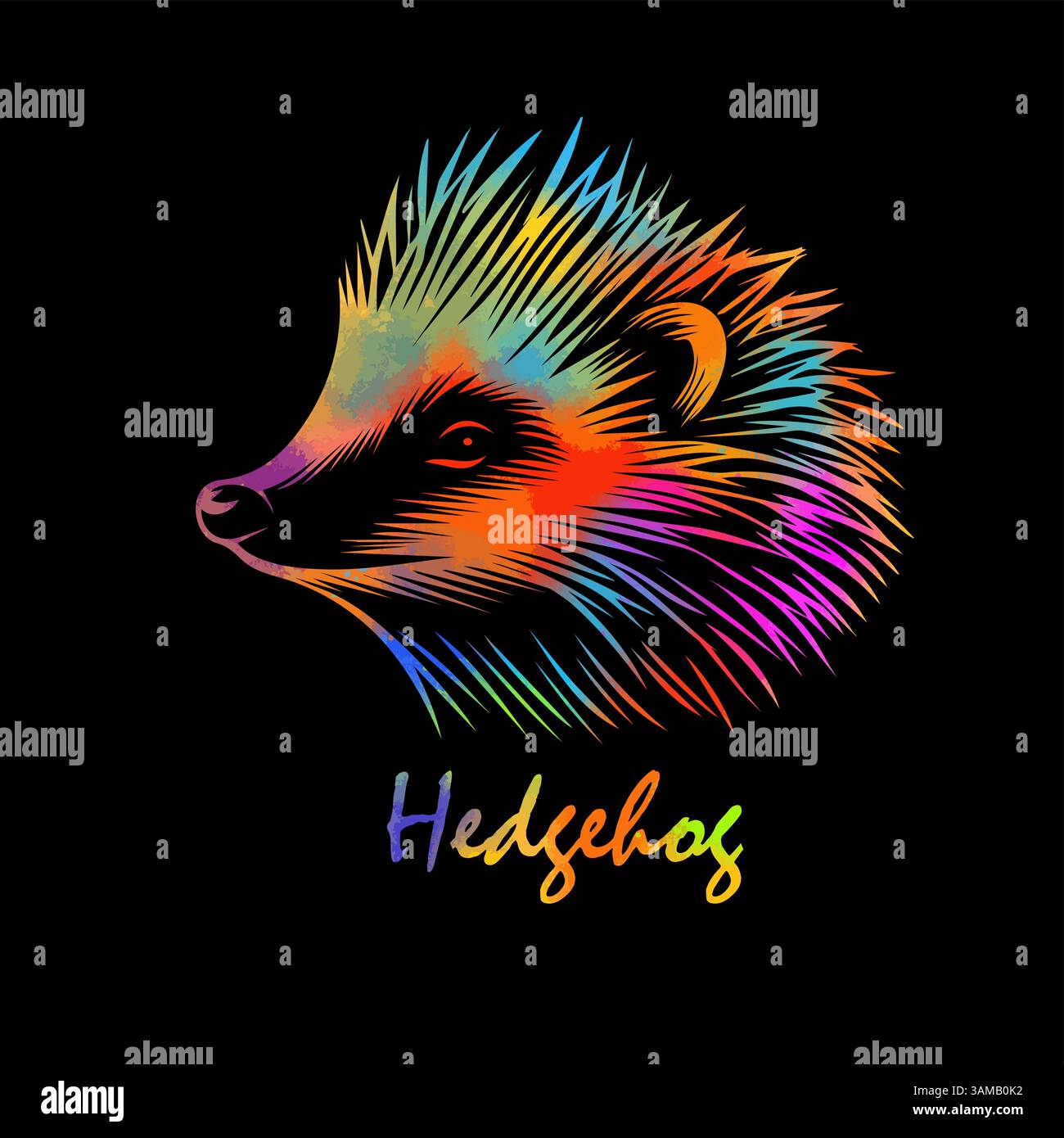 Farbiger Igel auf schwarzem Hintergrund. Handzeichnung. Nicht AI, Vektorillustration Stock Vektor