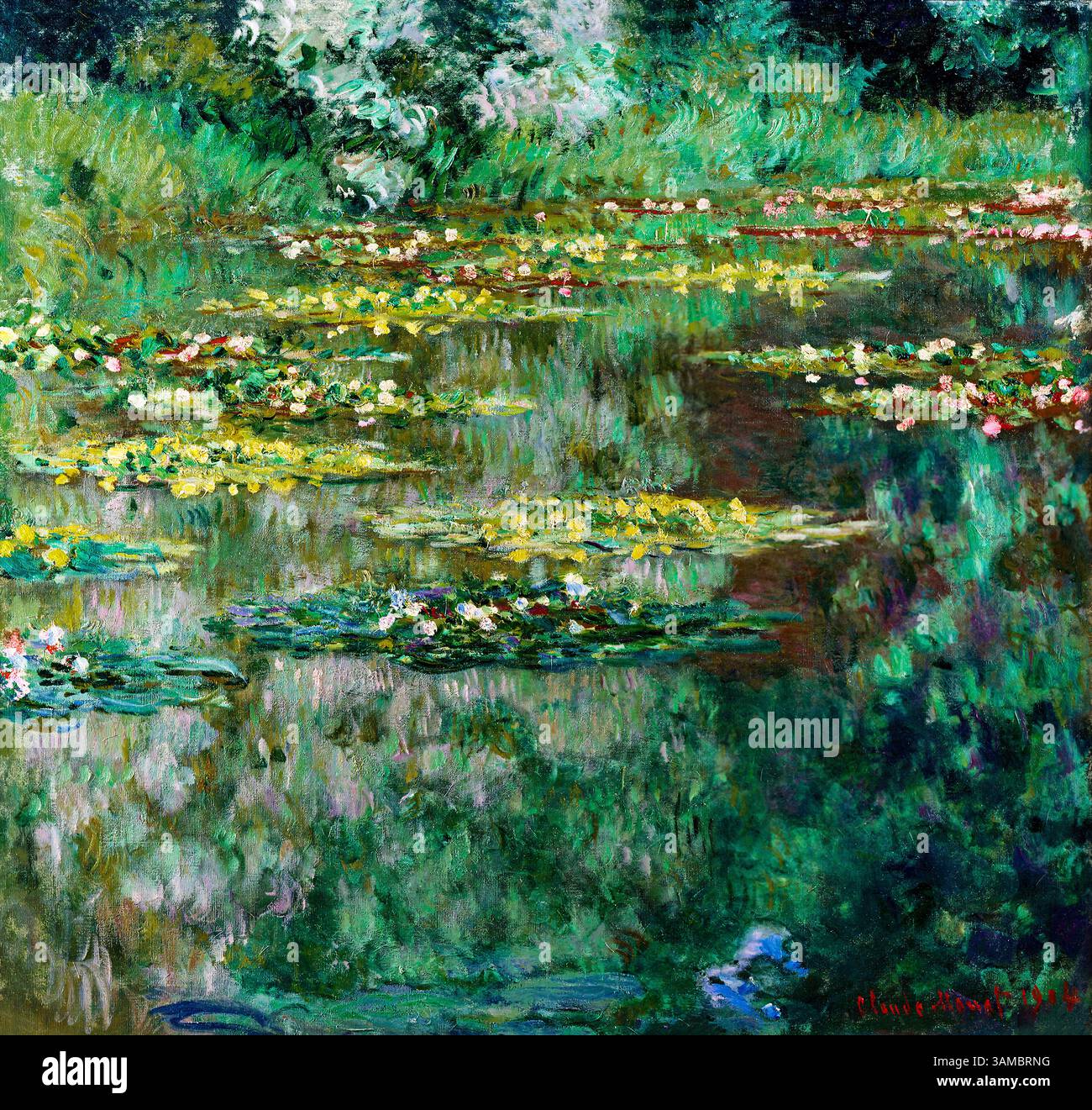 Claude Monets „Le Bassin des Nymphéas“ (1919) fängt den ikonischen Seerosenteich in Giverny mit lebendigen impressionistischen Pinseln ein. Diese Premiumziffer Stockfoto