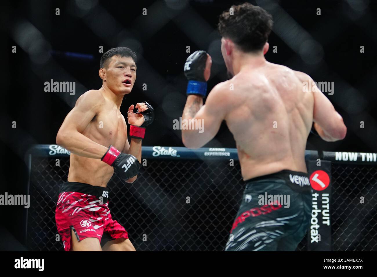 Miami, Fl, Usa. April 2025. MIAMI, FL - 12. APRIL: Sumudaerji und Mitch Raposo treffen sich im Achteck für einen 3-Runden-Kampf bei UFC 314 - Volkanovski vs Lopes im Kesaya Center am 12. April 2025 in Miami, FL (Foto: Louis Grasse/PxImages) Credit: PX Images/Alamy Live News Stockfoto