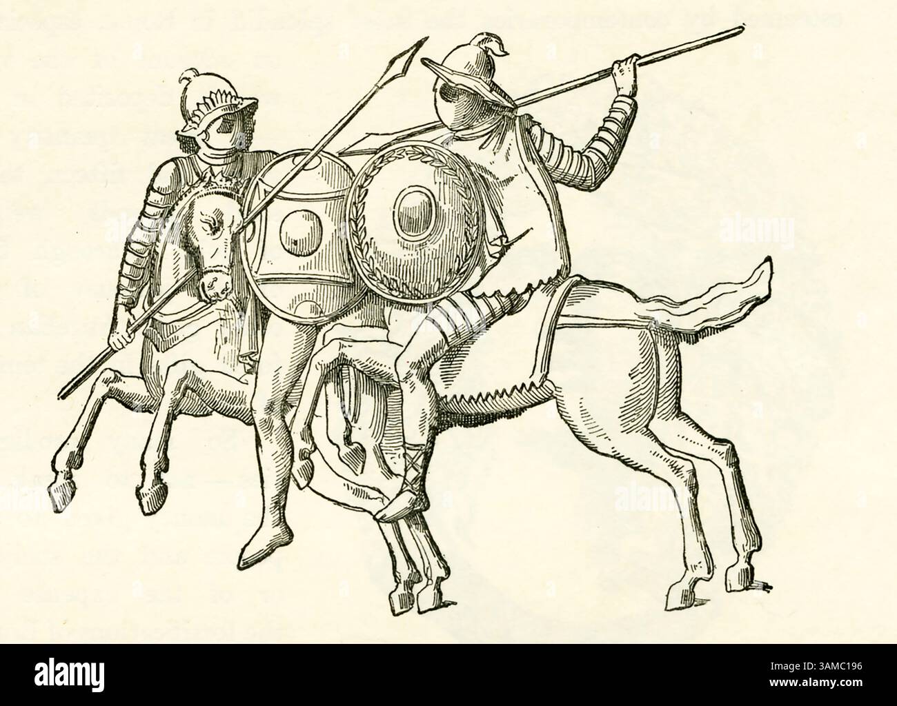 Diese Abbildung aus den 1880er Jahren zeigt Gladiatoren der römischen Welt auf dem Pferd. Diese Illustration basiert auf fantasievollen römischen Funden. Stockfoto