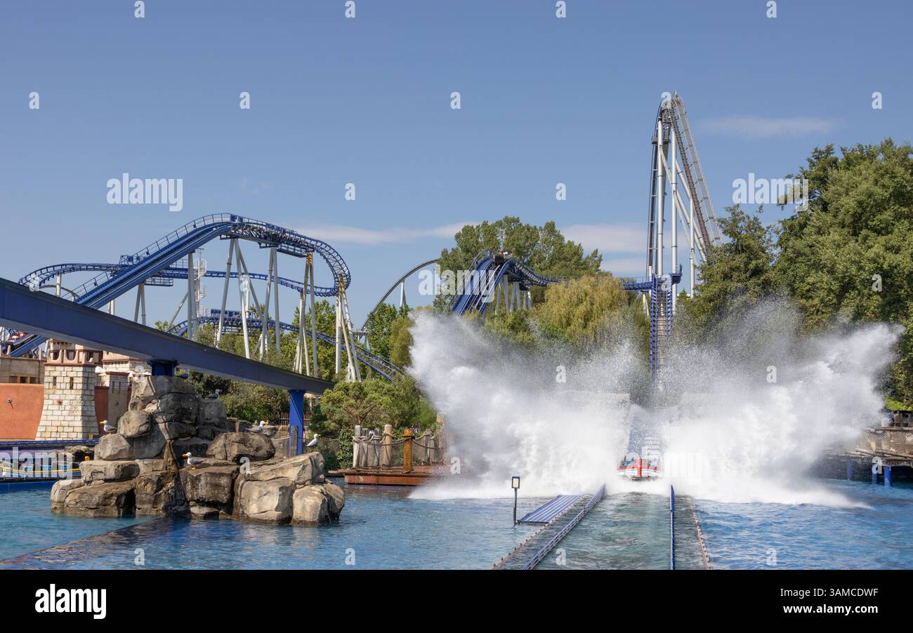Europa Park Freizeitpark in Deutschland. Europäischer Vergnügungspark mit Achterbahnen. Stockfoto
