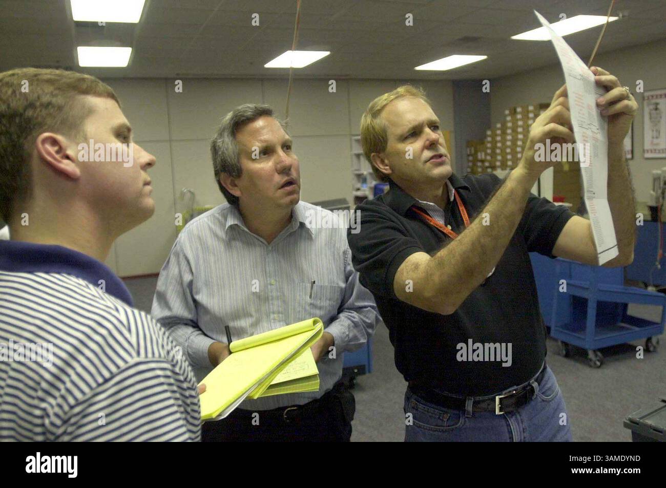 9. November 2000 - STAMP, USA - KRT US-NACHRICHTENGESCHICHTE SCHLEPPTE: ELN-PRÄSIDENT KRT FOTO VON JOE BURBANK/ORLANDO SENTINEL (9. November) ORLANDO, FLORIDA--- Lonn Fluke, vom Orange County Supervisor des Wahlamtes in Florida, weist auf einen beschädigten abasentee Wahlzettel für Jim Callahan (Mitte) von der Orange County Democratic Party und Michael Meece, einem ehrenamtlichen Anwalt für die George W. Bush Kampagne aus Austin, hin. (OR) PL KD BL 2000 (Horiz) (lde) -- KEINE MAGIE, KEINE VERKÄUFE (Kreditbild: © Orlando Sentinel/mct/ZUMAPRESS.com) Stockfoto