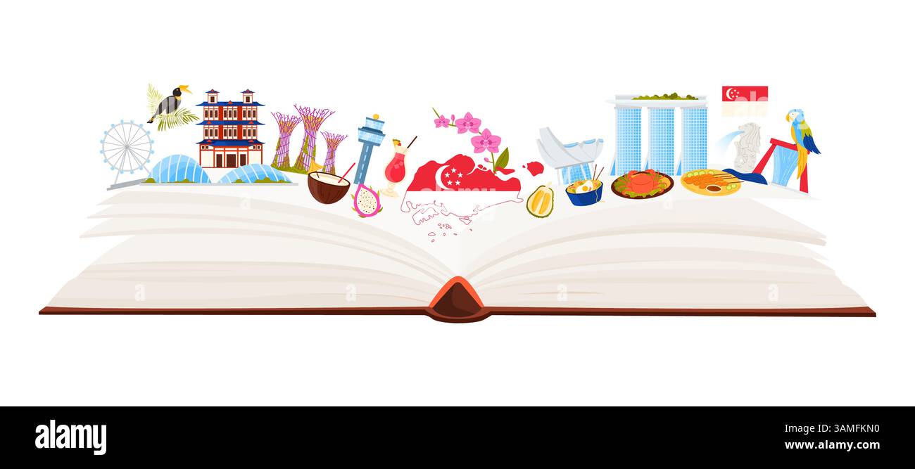 Reisen Sie nach Singapur, singapurische Kulturelemente und Speisen, Wahrzeichen in Infografik-Collage. Gärten und Marina Bay Architektur, Vogelpark und Flagge auf offenem großen Reiseführer Cartoon Vektor Illustration Stock Vektor