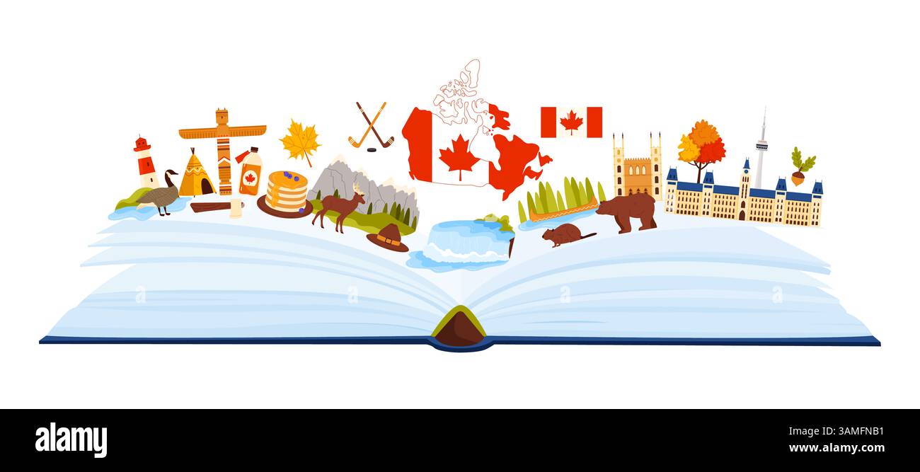Kultur und berühmte Natur Kanadas, Sehenswürdigkeiten und Touristenattraktionen, Sprachstudium in Infografik-Collage. Parlamentsgebäude und Niagarafälle in offenem Buch Cartoon Vektor Illustration Stock Vektor