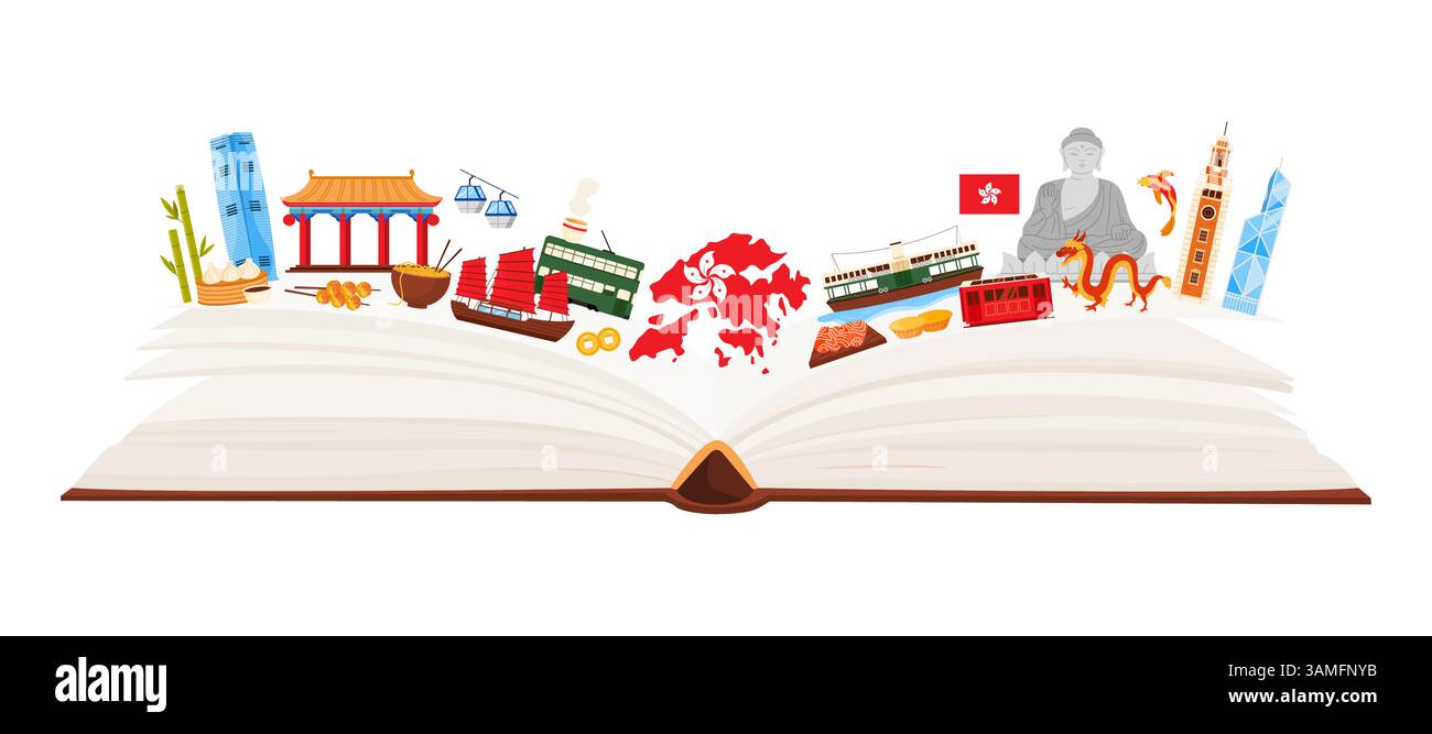 Kulturelle Elemente Hongkongs, Speisen und berühmte architektonische Wahrzeichen in Infografik-Collage mit offenem riesigen Papierbuch, Denkmälern und Tempeln, Tram und Schiff für Touristen Tour Cartoon Vektor Illustration Stock Vektor