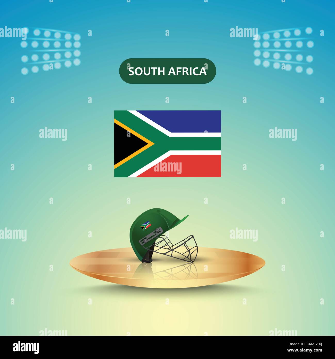 Südafrika Team Helm Cricket, Südafrika Flagge, Helmvektor, Stadionlicht, abstrakter Hintergrund Stock Vektor
