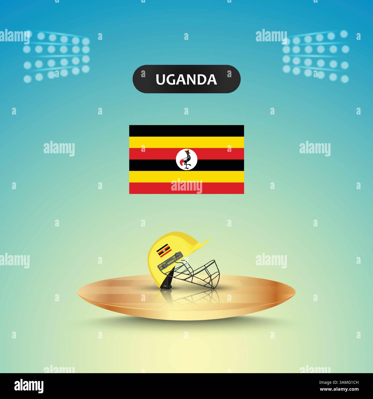 Uganda Team Helm Cricket, Uganda Flagge, Helmvektor, Stadionlicht, abstrakter Hintergrund Stock Vektor