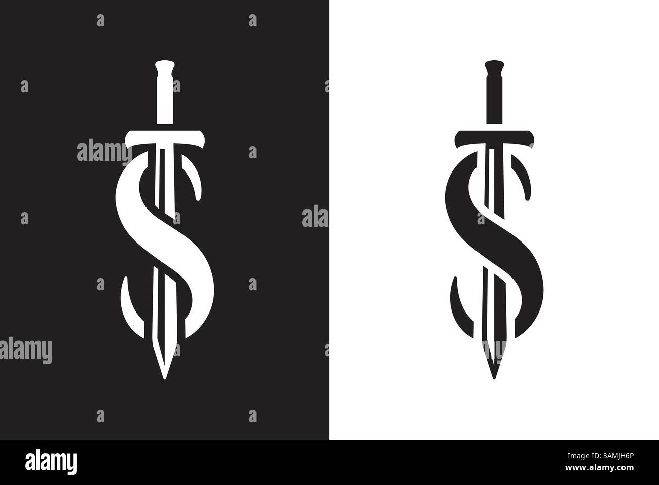 Ein minimalistisches Logo-Design mit einem stilisierten Buchstaben „S“, der von einem Schwert durchzogen wird, erscheint auf einem schwarz-weißen Hintergrund. Stock Vektor