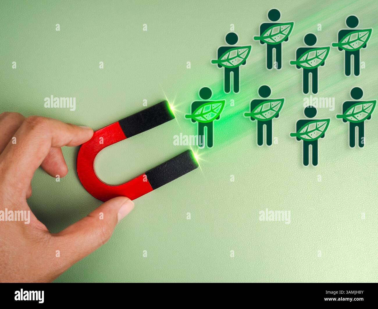 Umweltschutz und Verantwortung Gemeinschaftskonzepte. Menschen Figuren halten Blatt, Freiwilligensymbol, bewegen sich mit angezogen zum Magneten hinein Stockfoto