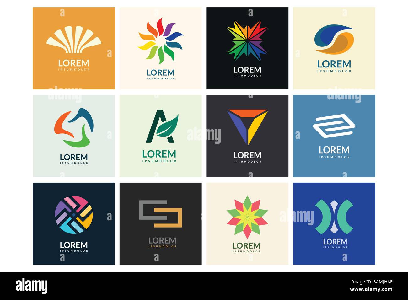 Eine vielfältige Gruppe von 12 einzigartigen Logodesigns mit verschiedenen abstrakten Formen und Farben für Unternehmen. Stock Vektor