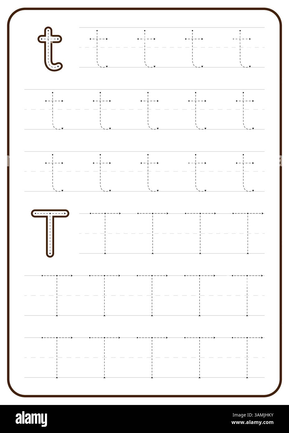 T-Tracing des Buchstaben. Ein Arbeitsblatt für die Kinderschreibpraxis. Vektordesign. Stock Vektor
