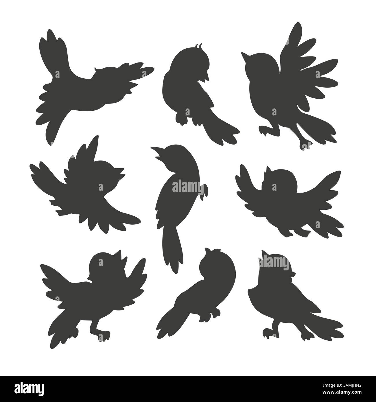 Vögel. Set aus schwarzen isolierten Silhouetten von Zeichentrickvögeln, die fliegen, sitzen, zwitschern, mit ausgebreiteten und gefalteten Flügeln aus der Kollektion „Zeichen des Frühlings“ Stock Vektor
