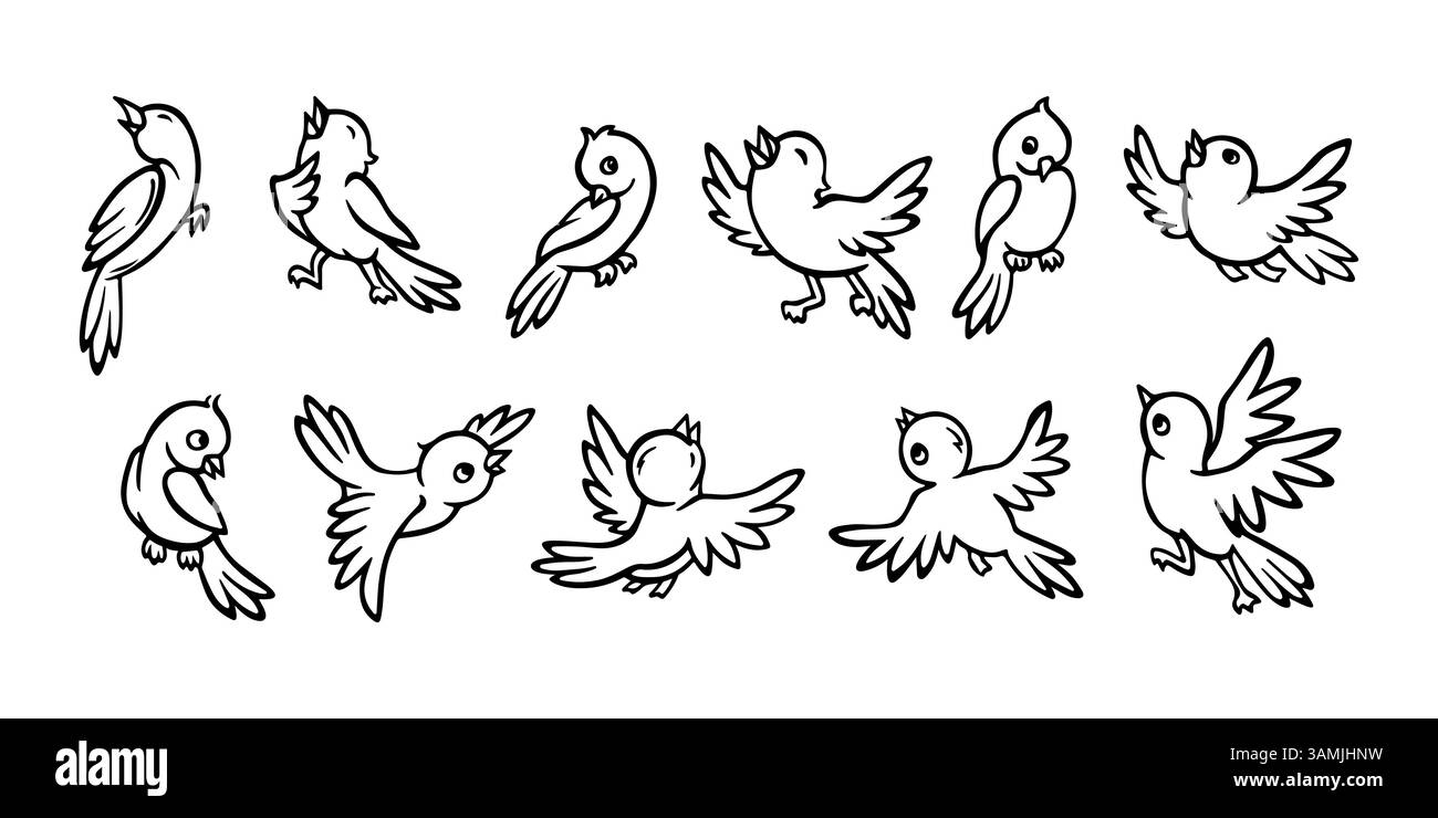 Vögel aus der Sammlung der Zeichen des Frühlings. Set aus isolierten Umrisssilhouetten von Zeichentrickvögeln - fliegen, sitzen, zwitschern, mit gespreizten und gefalteten Flügeln Stock Vektor