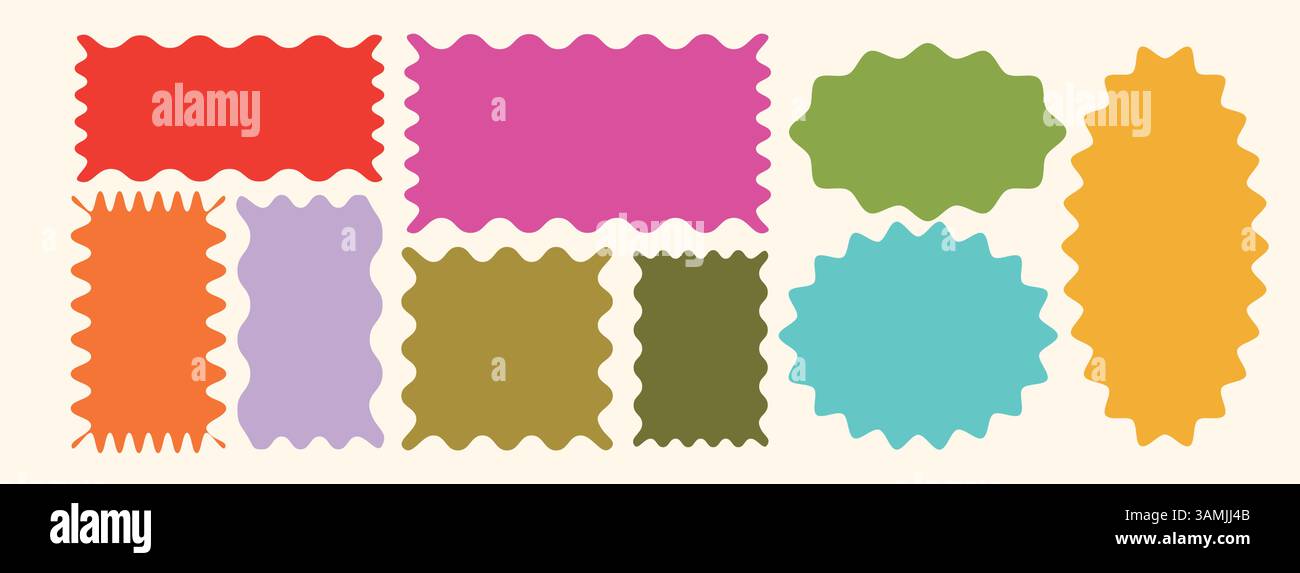 Sammlung farbenfroher abstrakter, gewellter Zickzack-Rahmen in verschiedenen Formen mit Platz für Text. Aufkleber in Rechteck-, Kreis-, Oval- und Bogenform. Stock Vektor