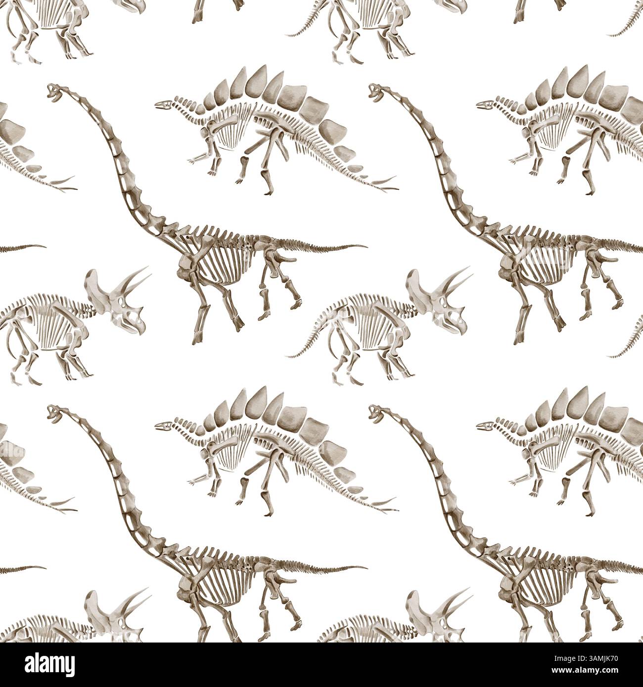 Nahtloses Muster mit Dinosaurierskeletten. Traceratops und Diplodocus. Prähistorische Reptilien und Tiere. Knochen und Fossilien des Jura Stockfoto