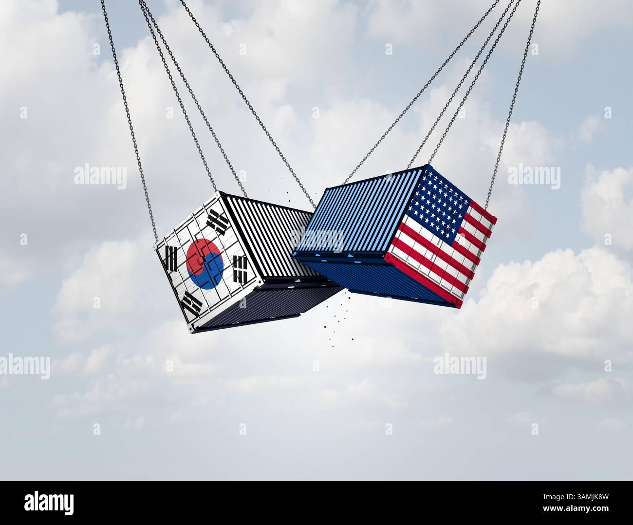 Südkorea US-Handelskonflikt und globaler Handelskonflikt als zwei entgegengesetzte Frachtcontainer in einer koreanischen und amerikanischen Wirtschaftskrise. Stockfoto