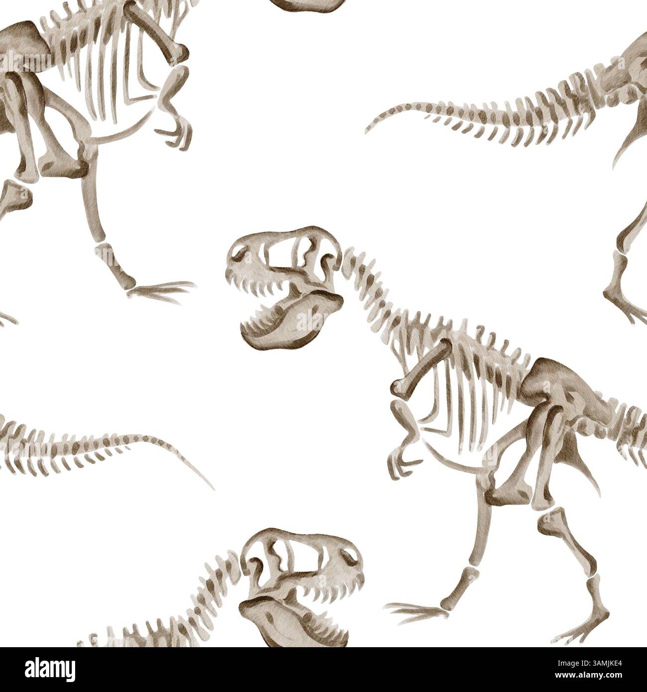 Nahtloses Muster von Theranosaurus rex-Skeletten. T-Rex Aquarellabbildung ohne Hintergrund. Halloween Knochen. Handgezeichnet. Für Gewebe und Stockfoto